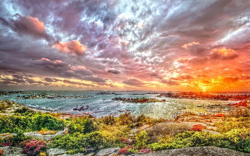 Sunset over coastal archipelago