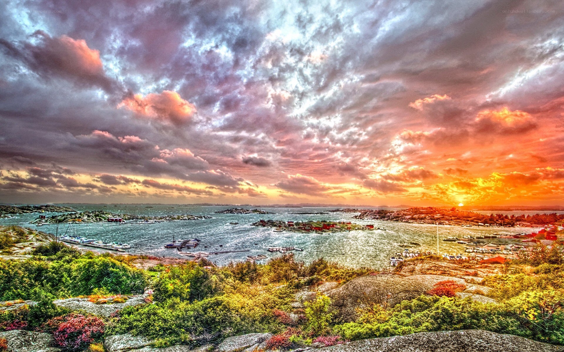 Sunset over coastal archipelago