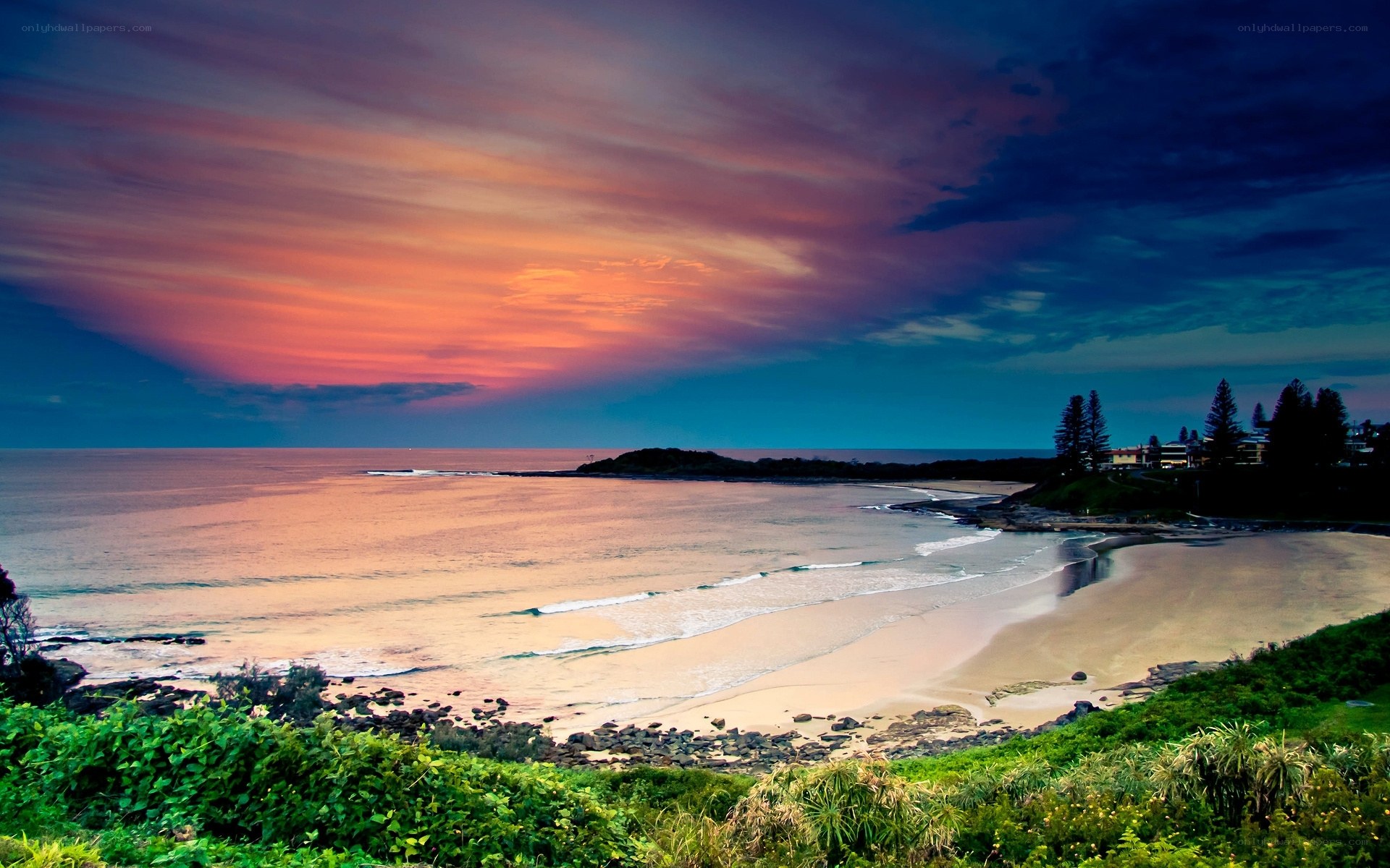 sunset over coastal bay