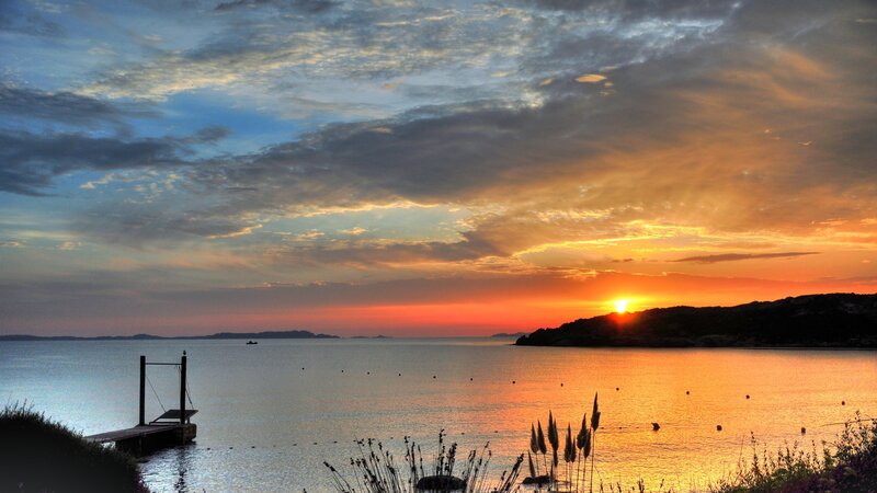 Sunset over Coastal Bay — Orange, Serene, Photograph, Dock