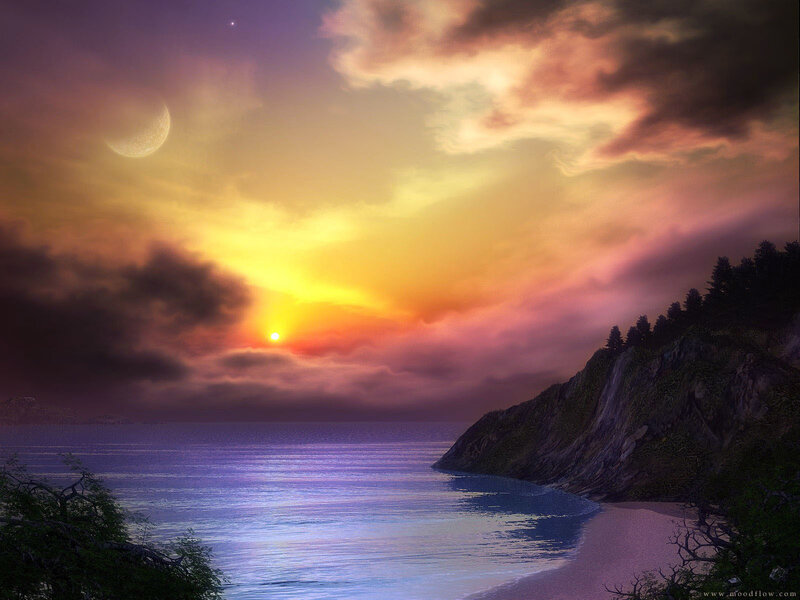 Sunset over Coastal Bay — Purple, Dramatic, Digital Art, Moon