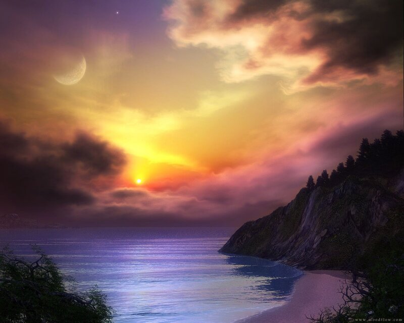 Sunset over Coastal Bay — Purple, Dramatic, Digital Art