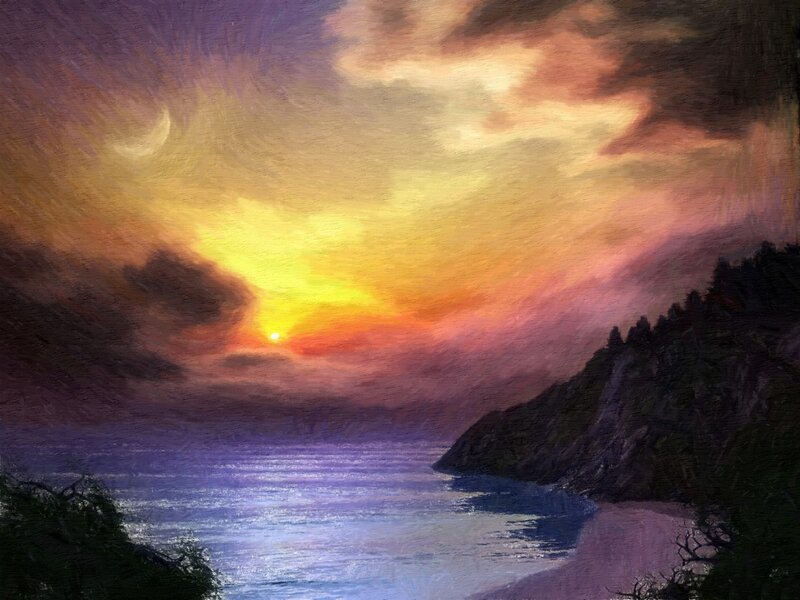 Sunset over Coastal Bay — Purple, Dramatic, Painting