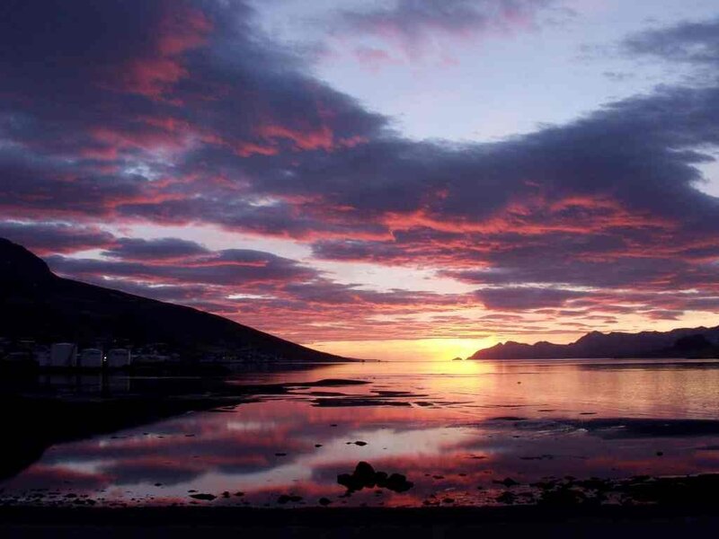 Sunset over Coastal Bay — Purple, Dramatic, Photograph, Mountains