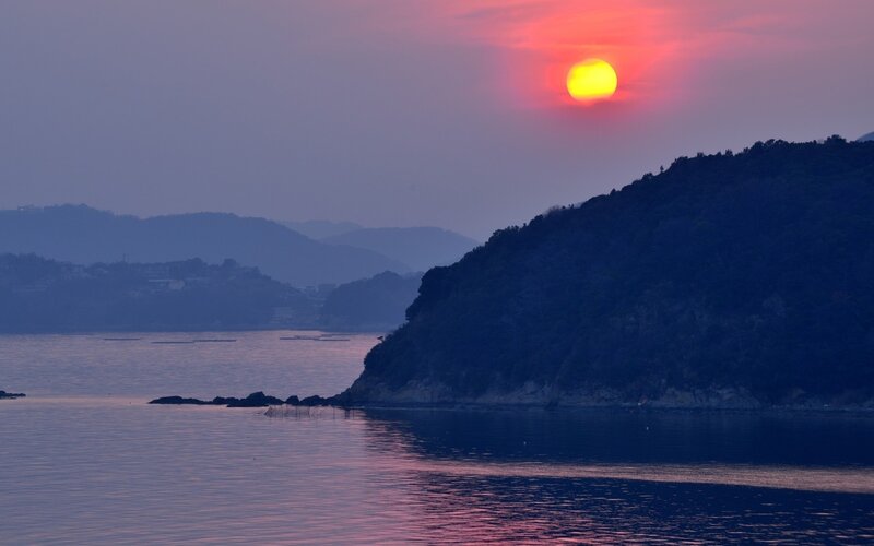 Sunset over Coastal Bay — Purple, Serene, Photograph, Sun, Mountain