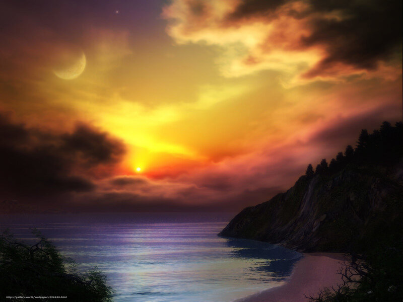 Sunset over Coastal Bay — Yellow, Dramatic, Digital Art, Moon, Clouds