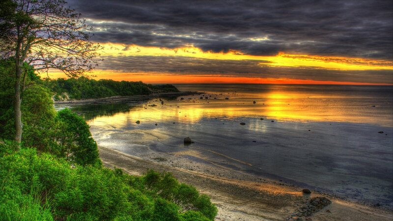 Sunset over Coastal Bay — Yellow, Dramatic, Photograph