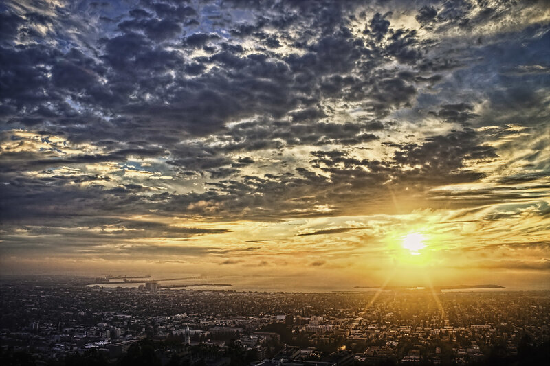 Sunset over coastal city