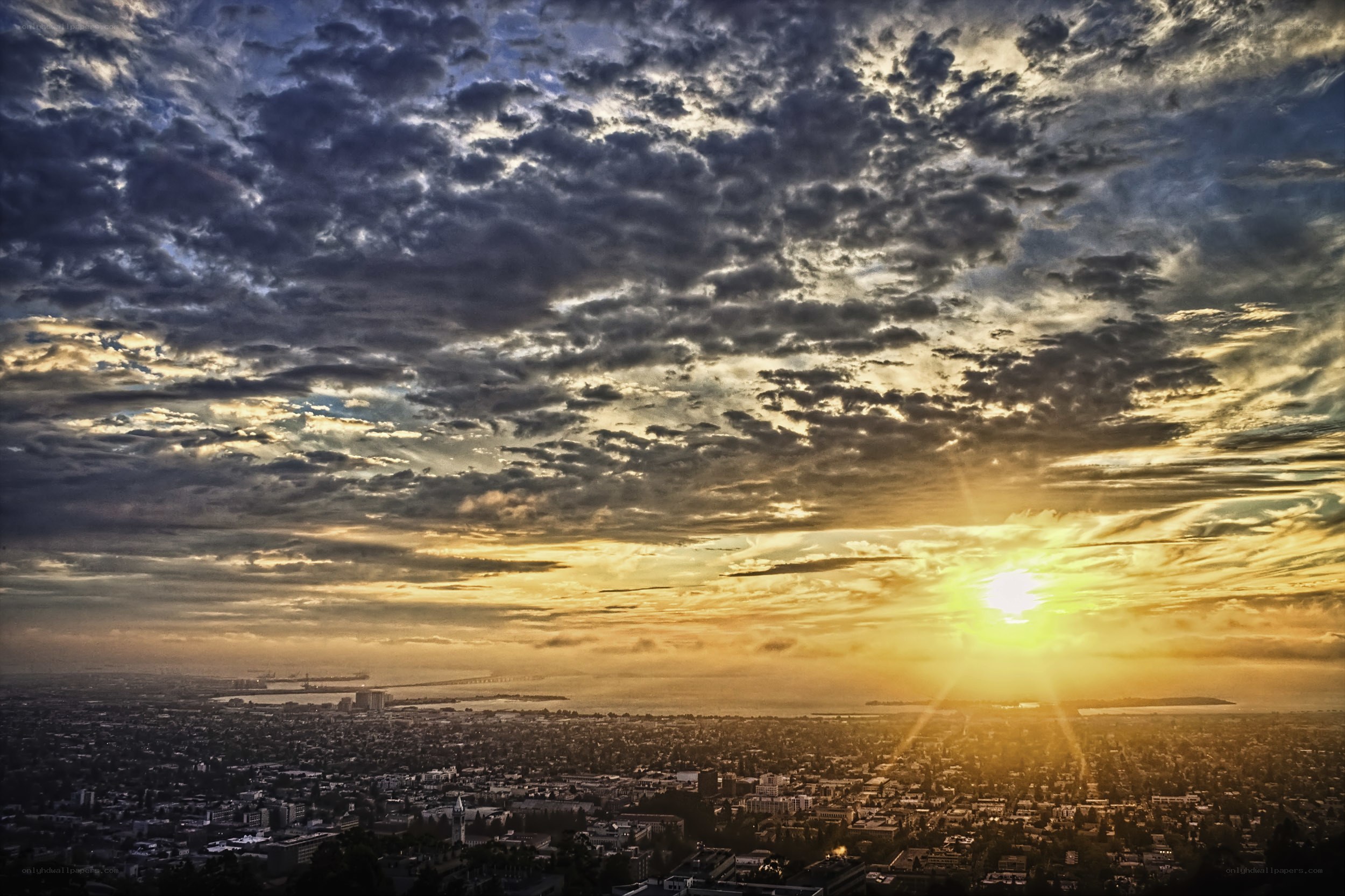 Sunset over coastal city
