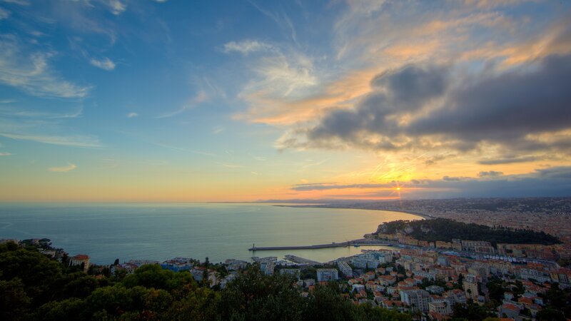 Sunset over coastal city