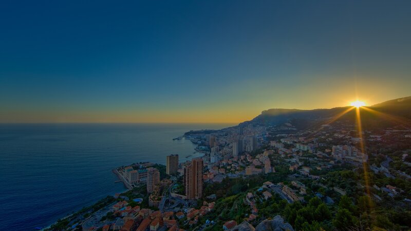 Sunset over coastal city