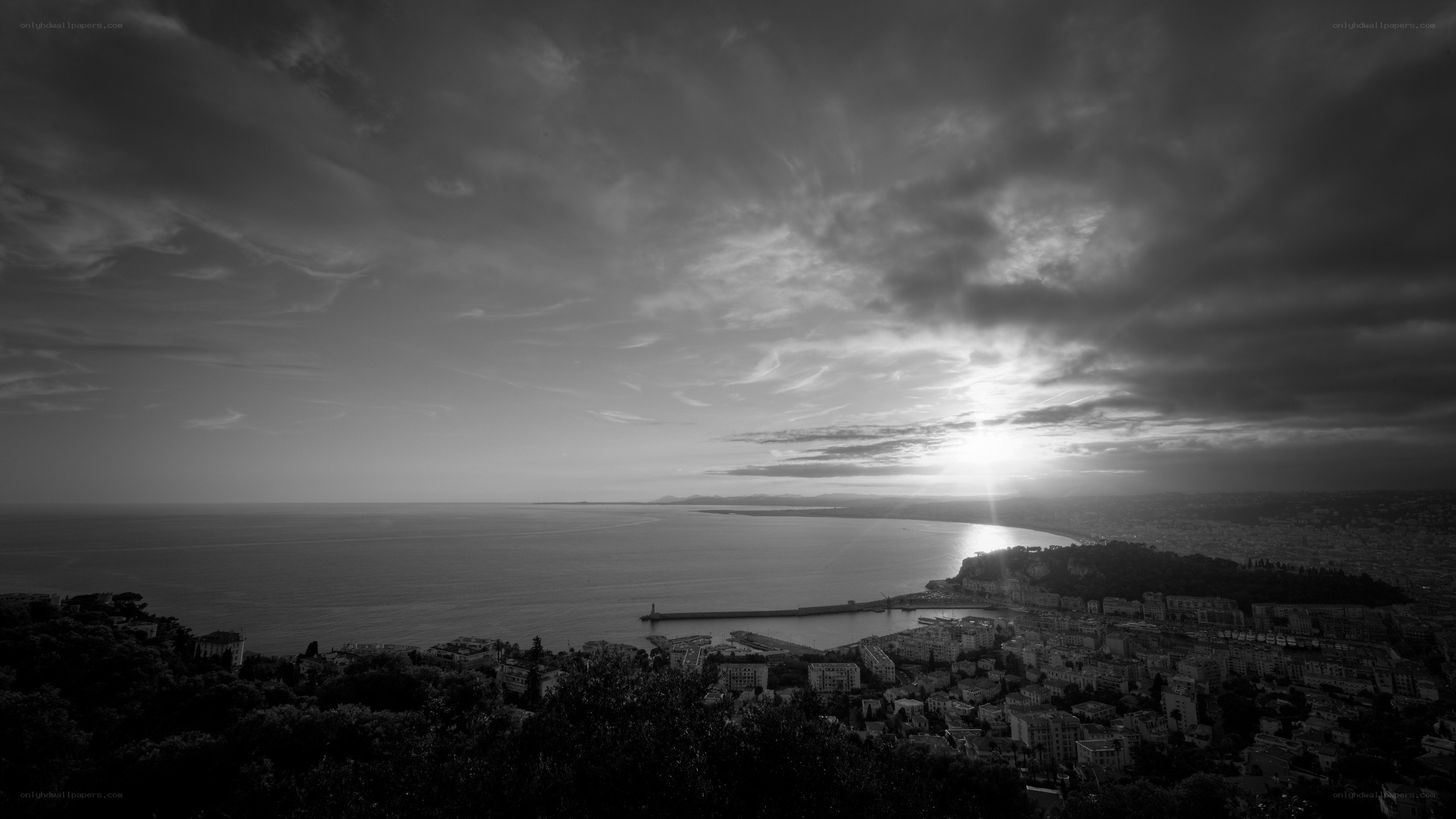 Sunset over coastal city