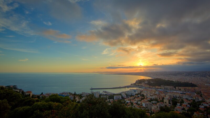 sunset over coastal city