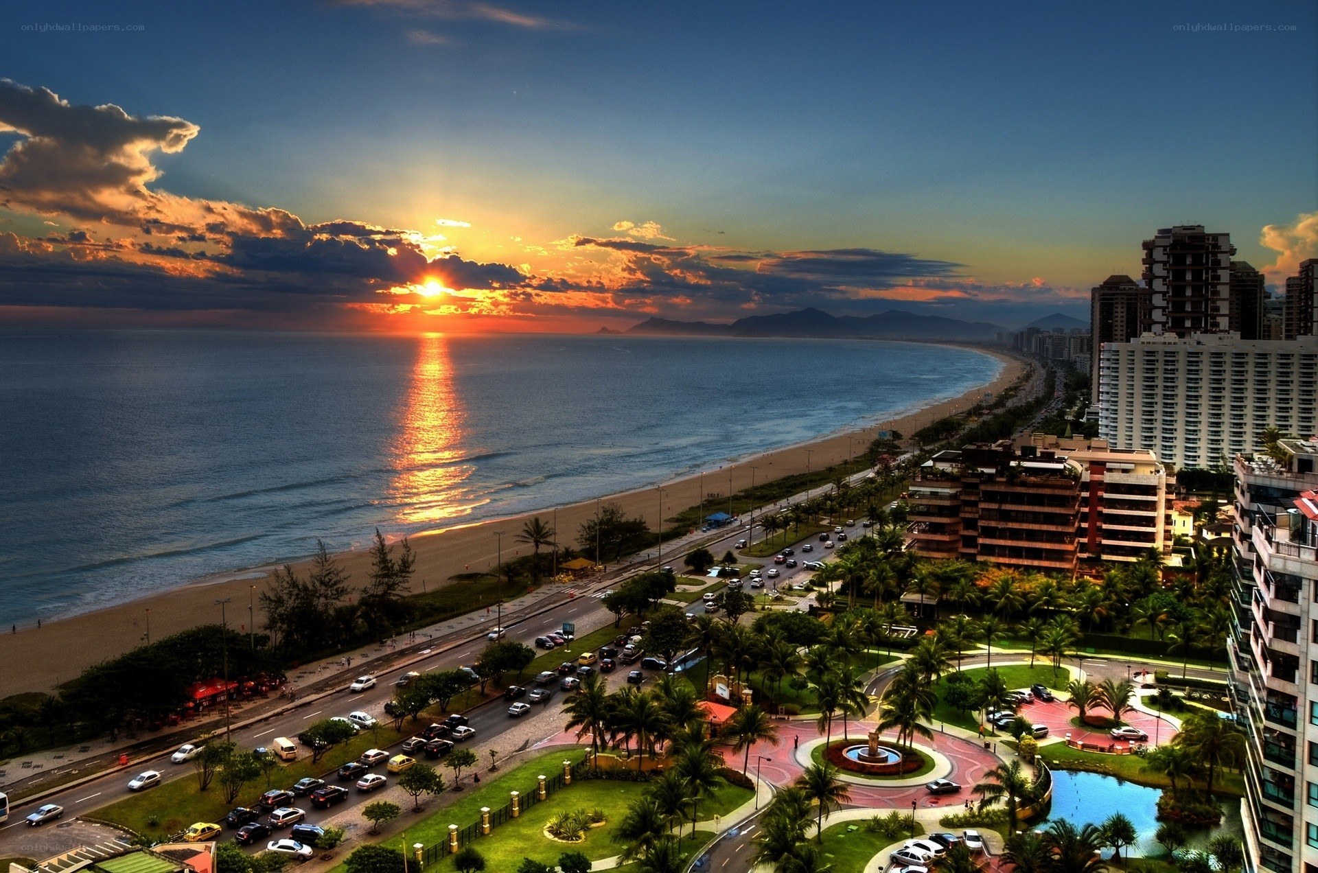 Sunset over coastal city