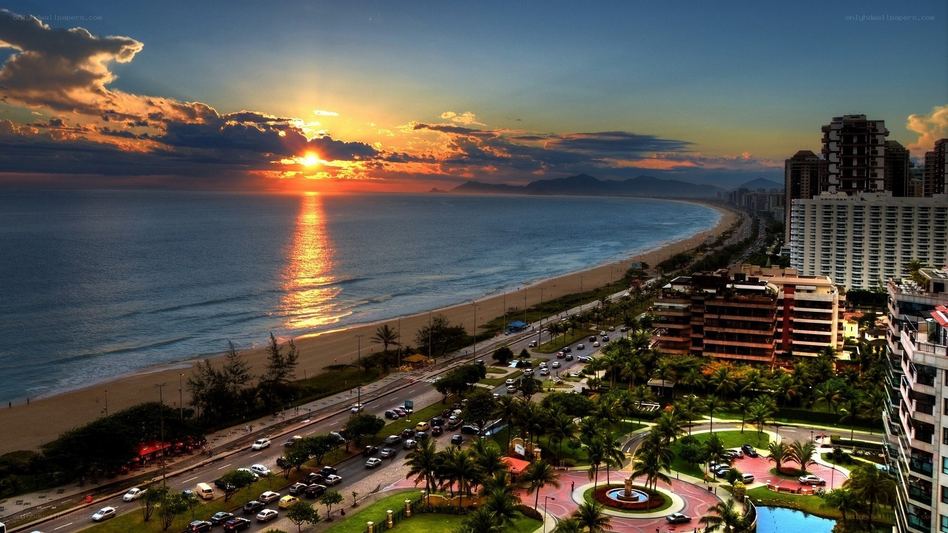 sunset over coastal city