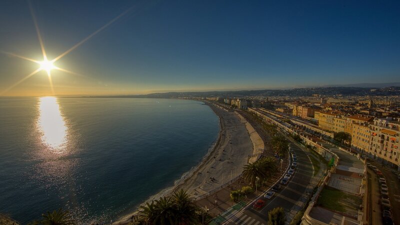 Sunset over Coastal City — Blue, Serene, Photograph