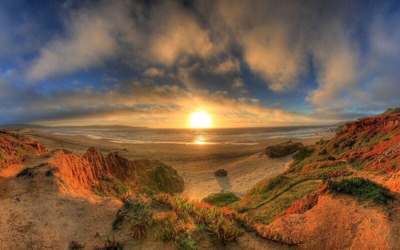 Sunset over Coastal Cliffs — Blue, Dramatic, Photograph, Beach, Ocean, Clouds, Orange