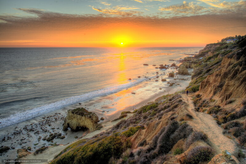 Sunset over Coastal Cliffs — Orange, Serene, Photograph, Ocean, Beach