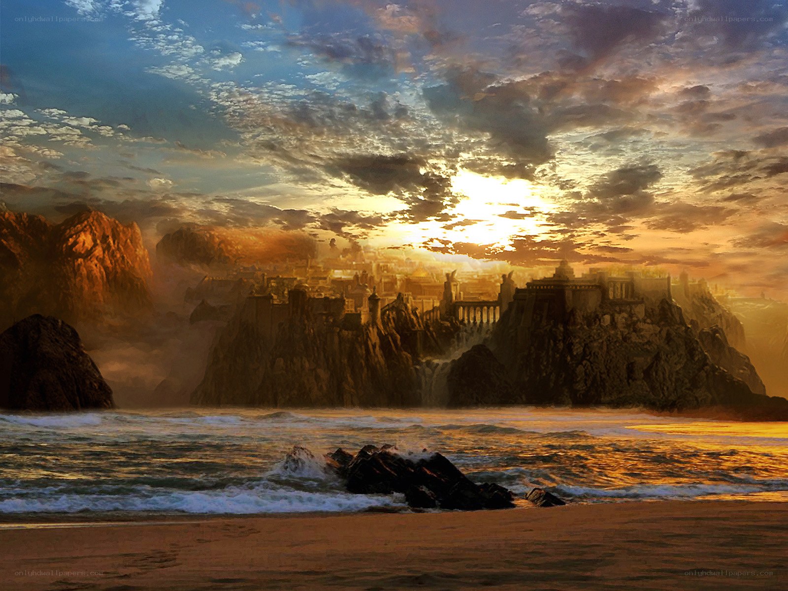 Sunset over coastal fortress