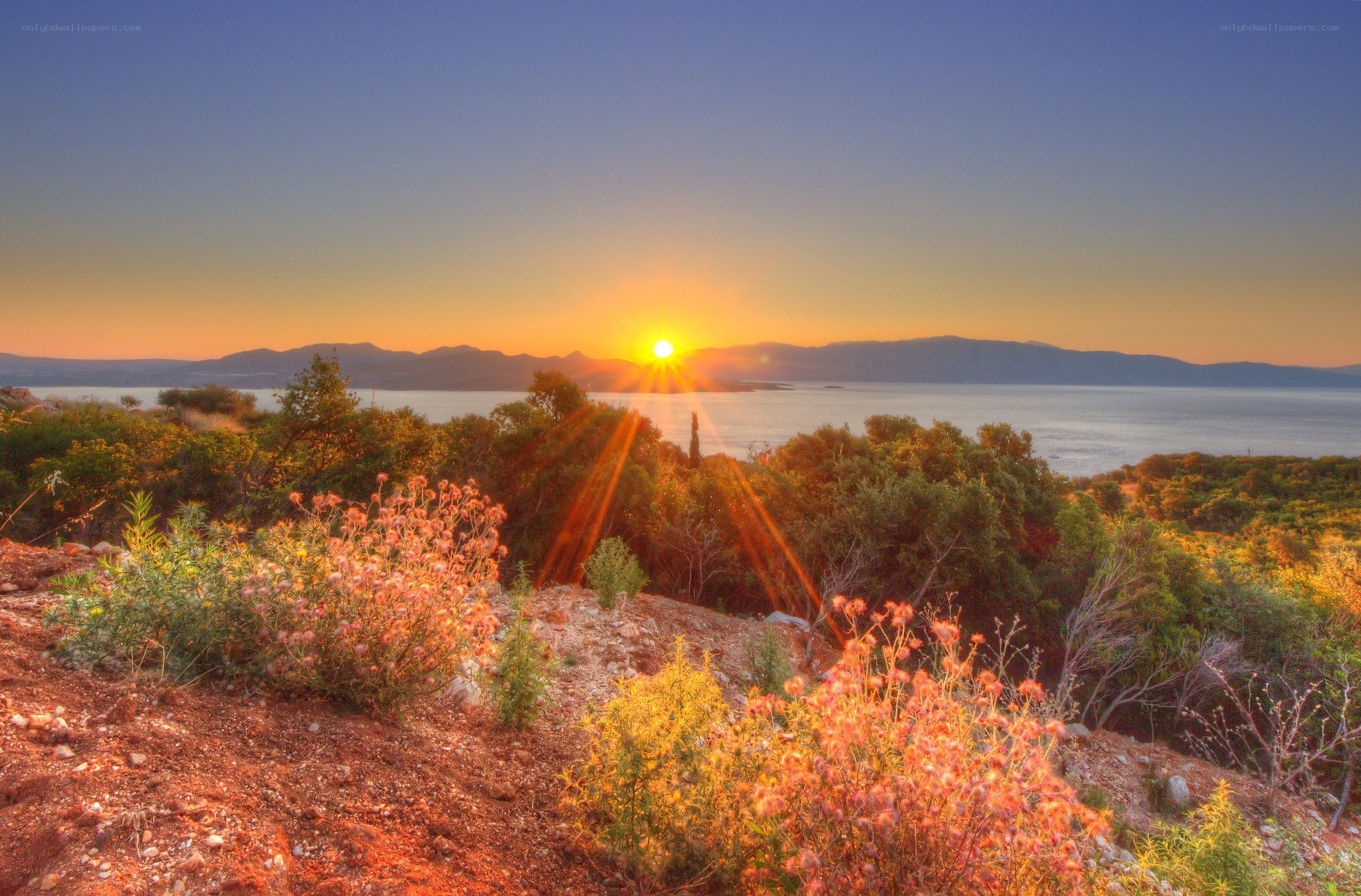 Sunset over coastal hills