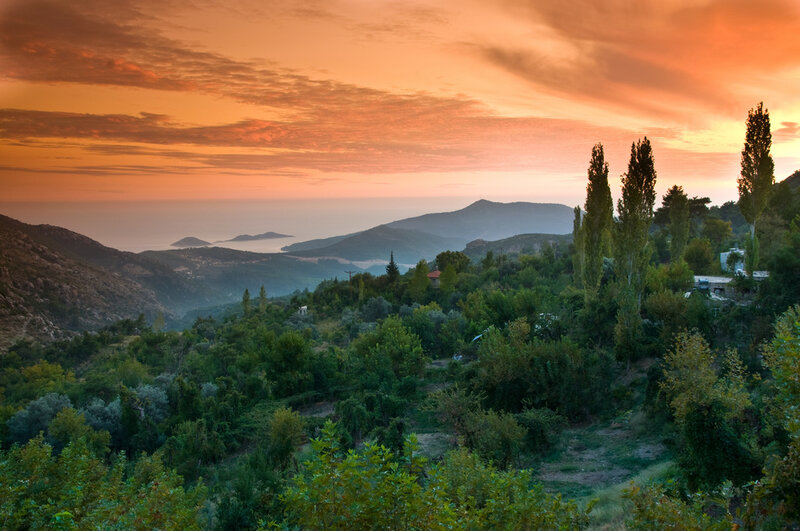 Sunset over coastal hills
