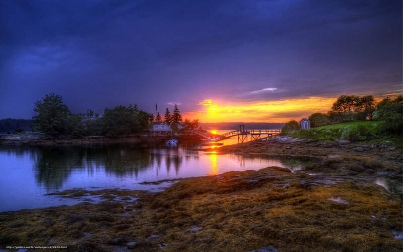 Sunset over Coastal Inlet — Blue, Dramatic, Photograph, Dock, Boat