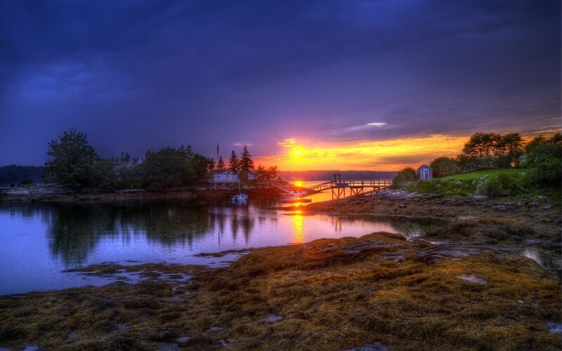 Sunset over Coastal Inlet — Blue, Dramatic, Photograph, Dock