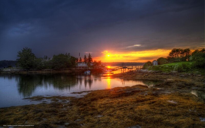 Sunset over Coastal Inlet — Orange, Dramatic, Photograph, Dock