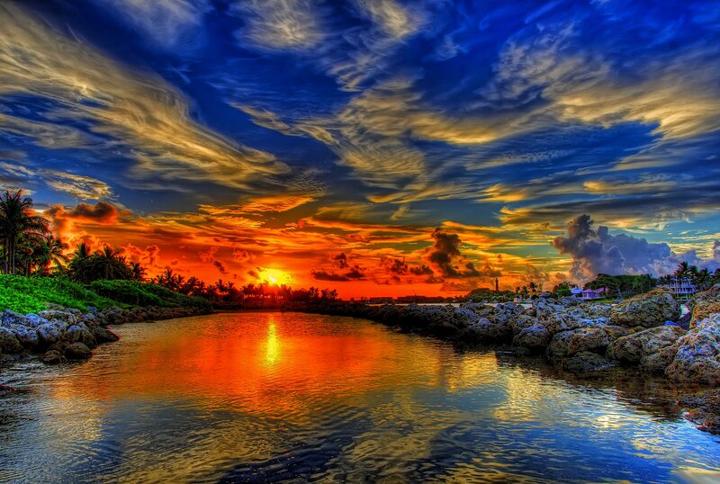 Sunset over Coastal Inlet — Orange, Dramatic, Photograph, Palm Trees