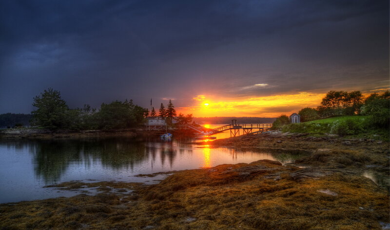 Sunset over Coastal Inlet — Orange, Dramatic, Photograph, Trees