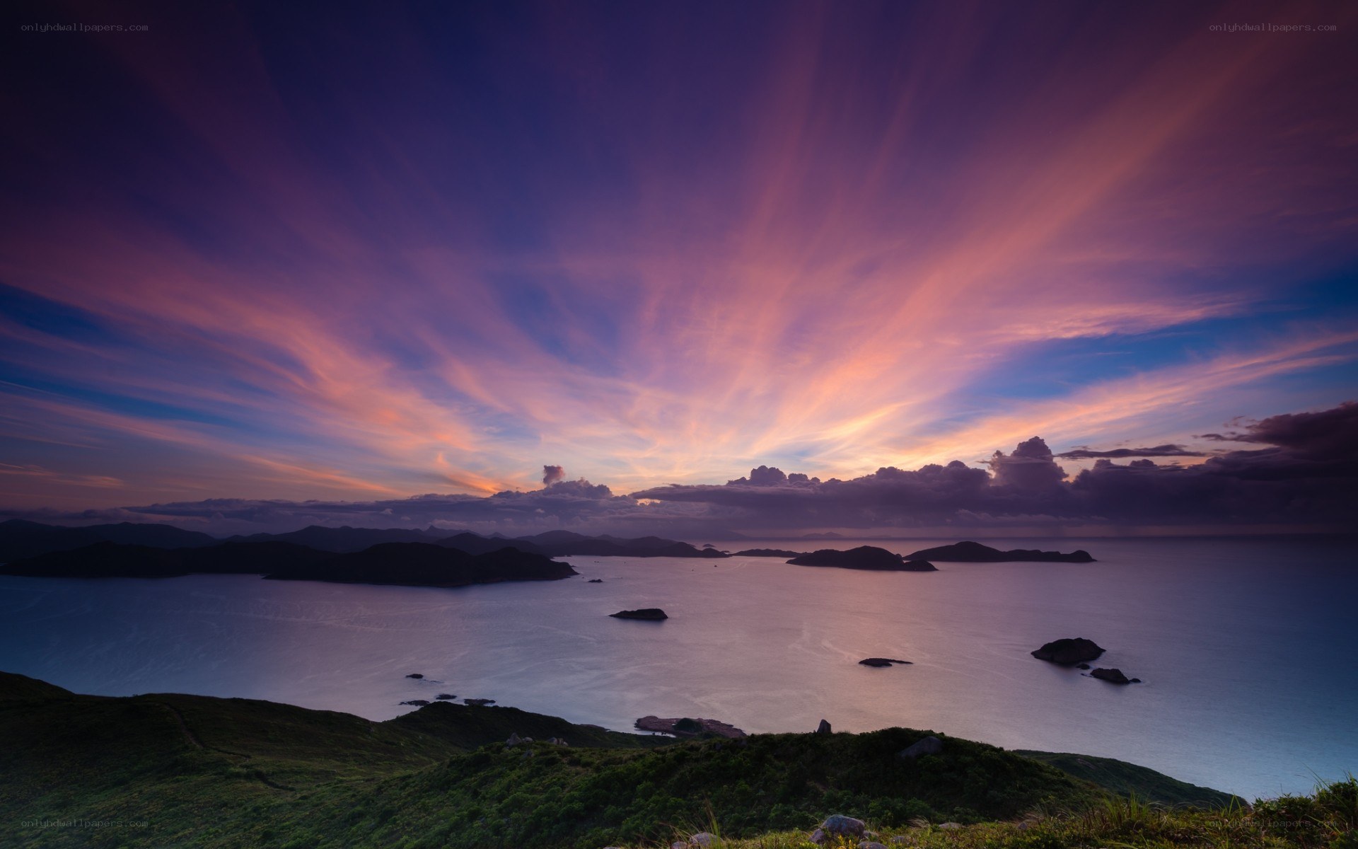 Sunset over coastal islands
