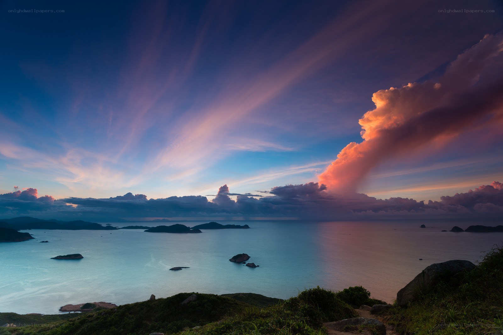 Sunset over coastal islands