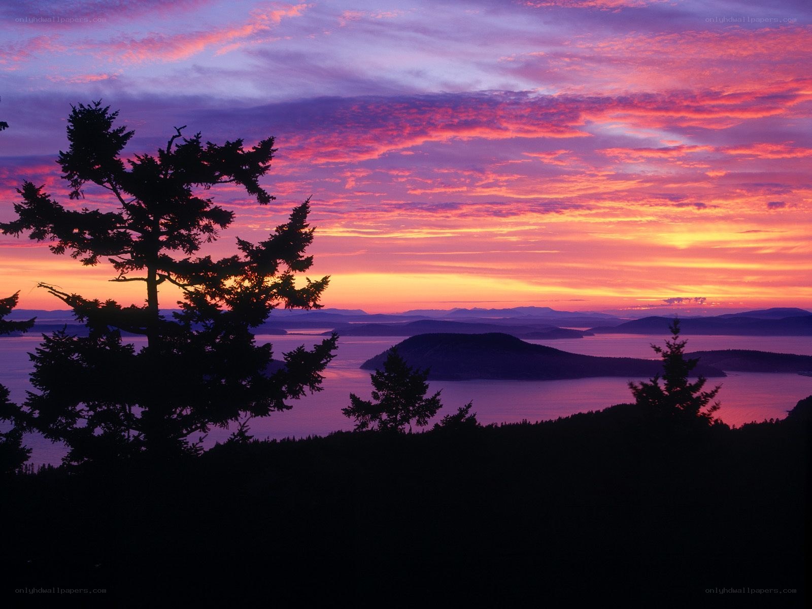 Sunset over coastal islands
