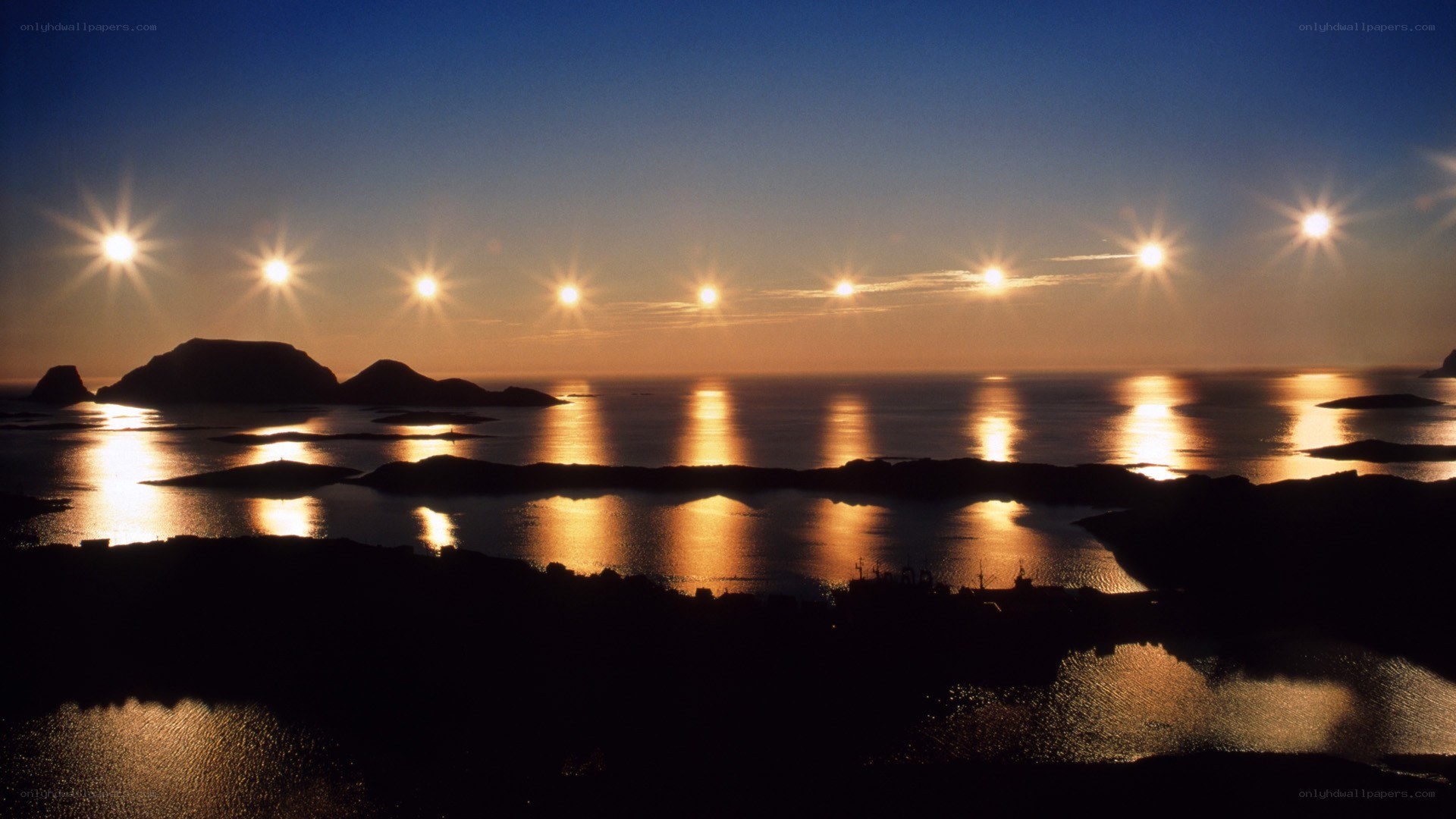 Sunset over coastal islands