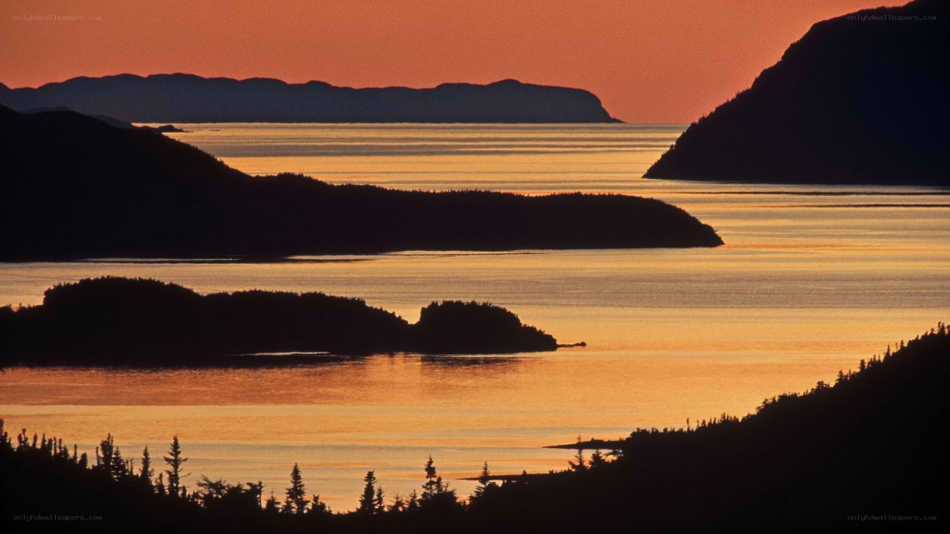 Sunset over coastal islands