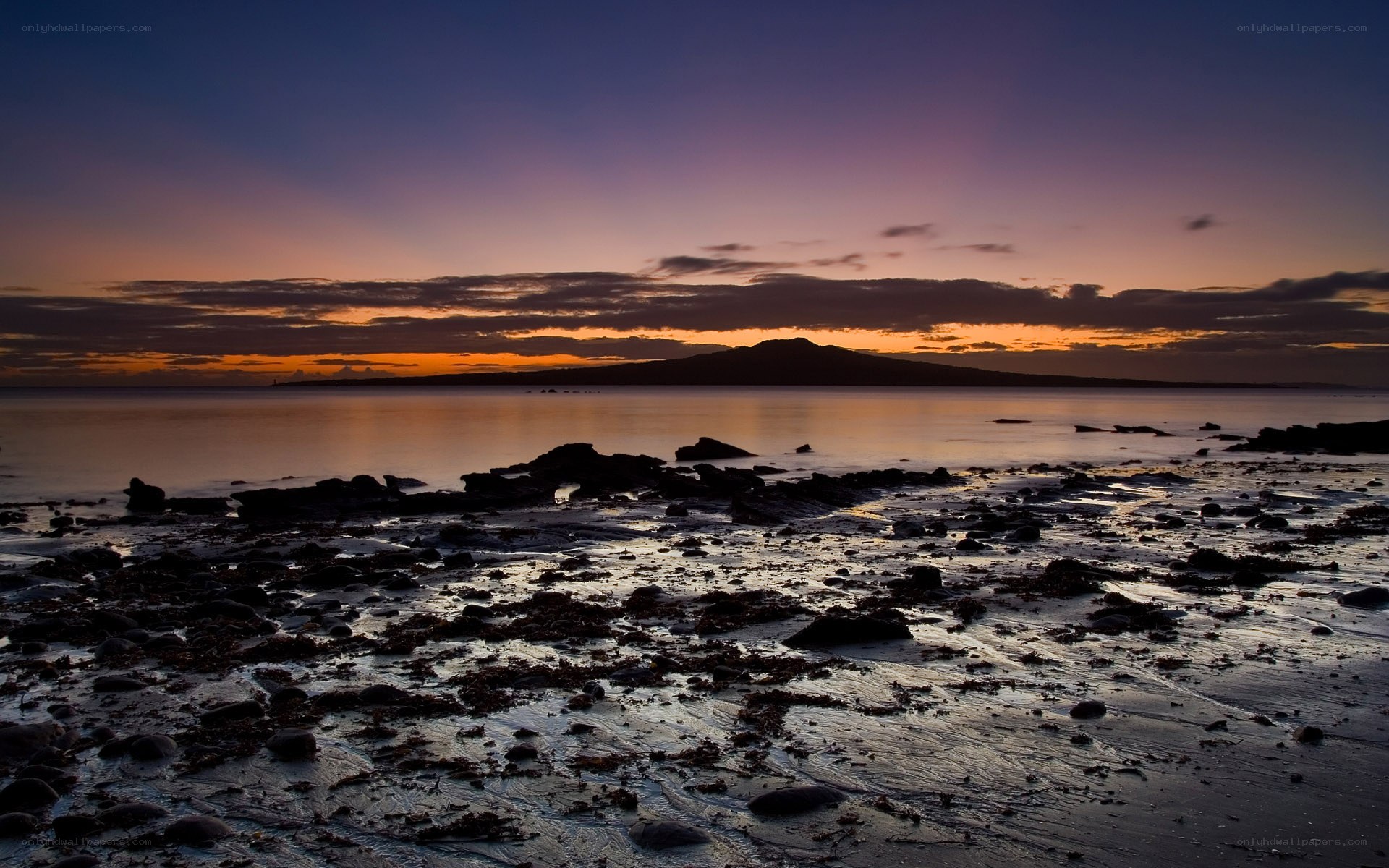 Sunset over coastal landscape