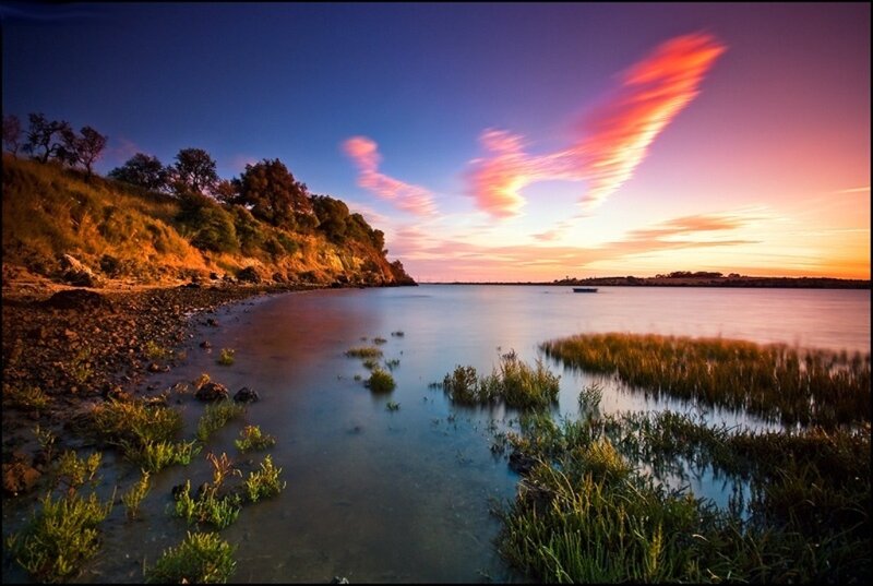 Sunset over Coastal Marsh — Blue, Serene, Photograph, Sky