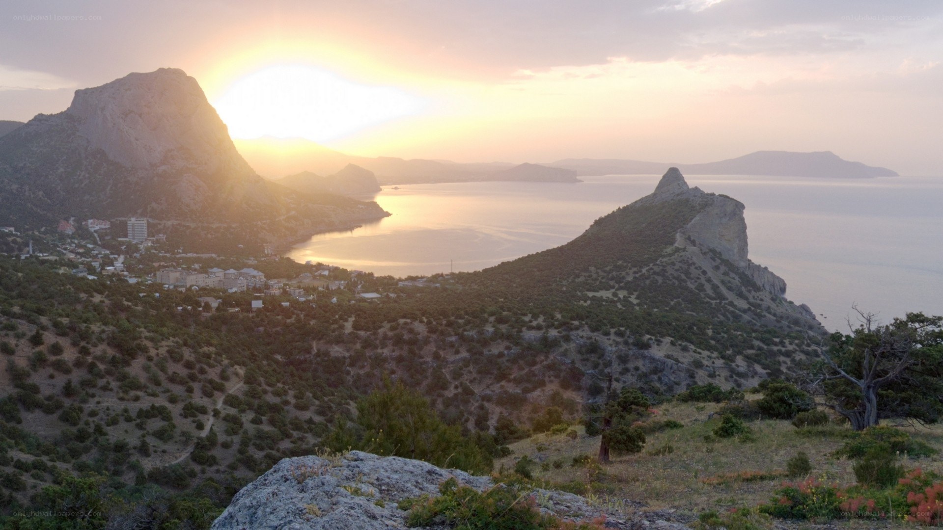 Sunset over coastal mountains