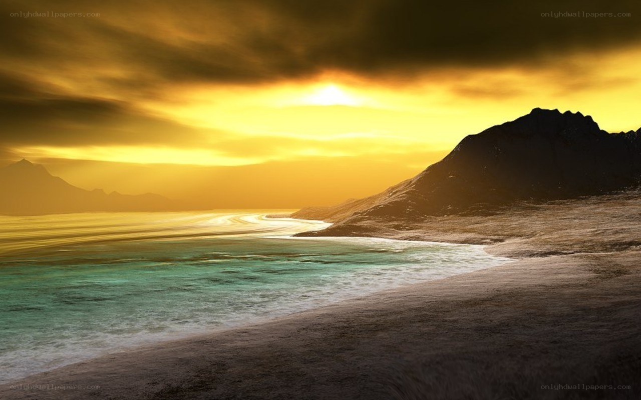 sunset over coastal mountains