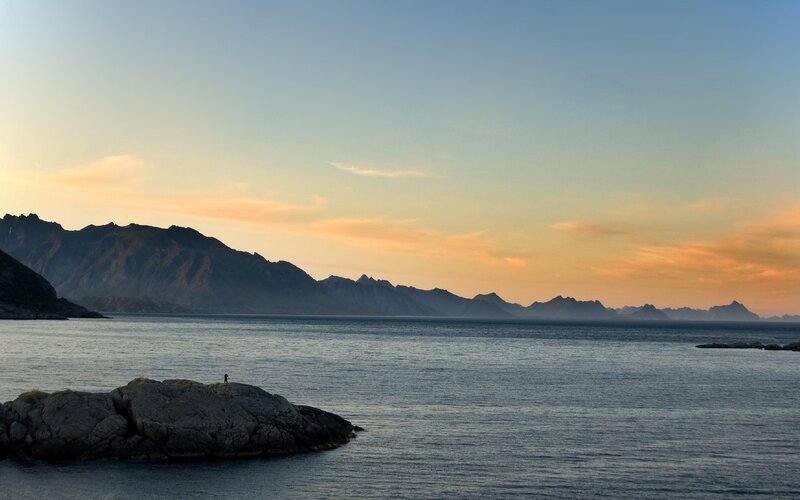 Sunset over coastal mountains
