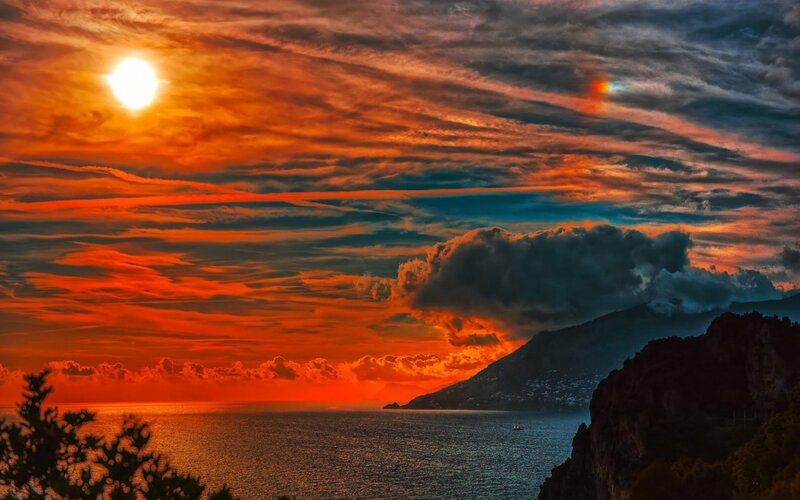 Sunset over Coastal Mountains — Orange, Dramatic, Photograph