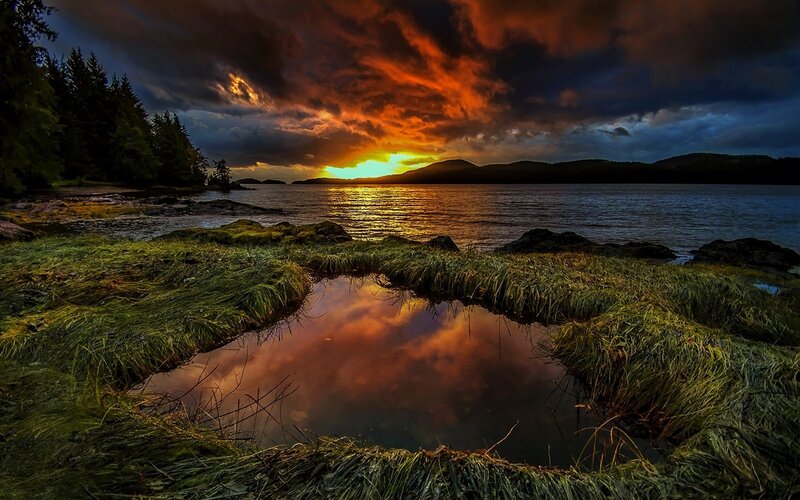 Sunset over Coastal Pond — Orange, Dramatic
