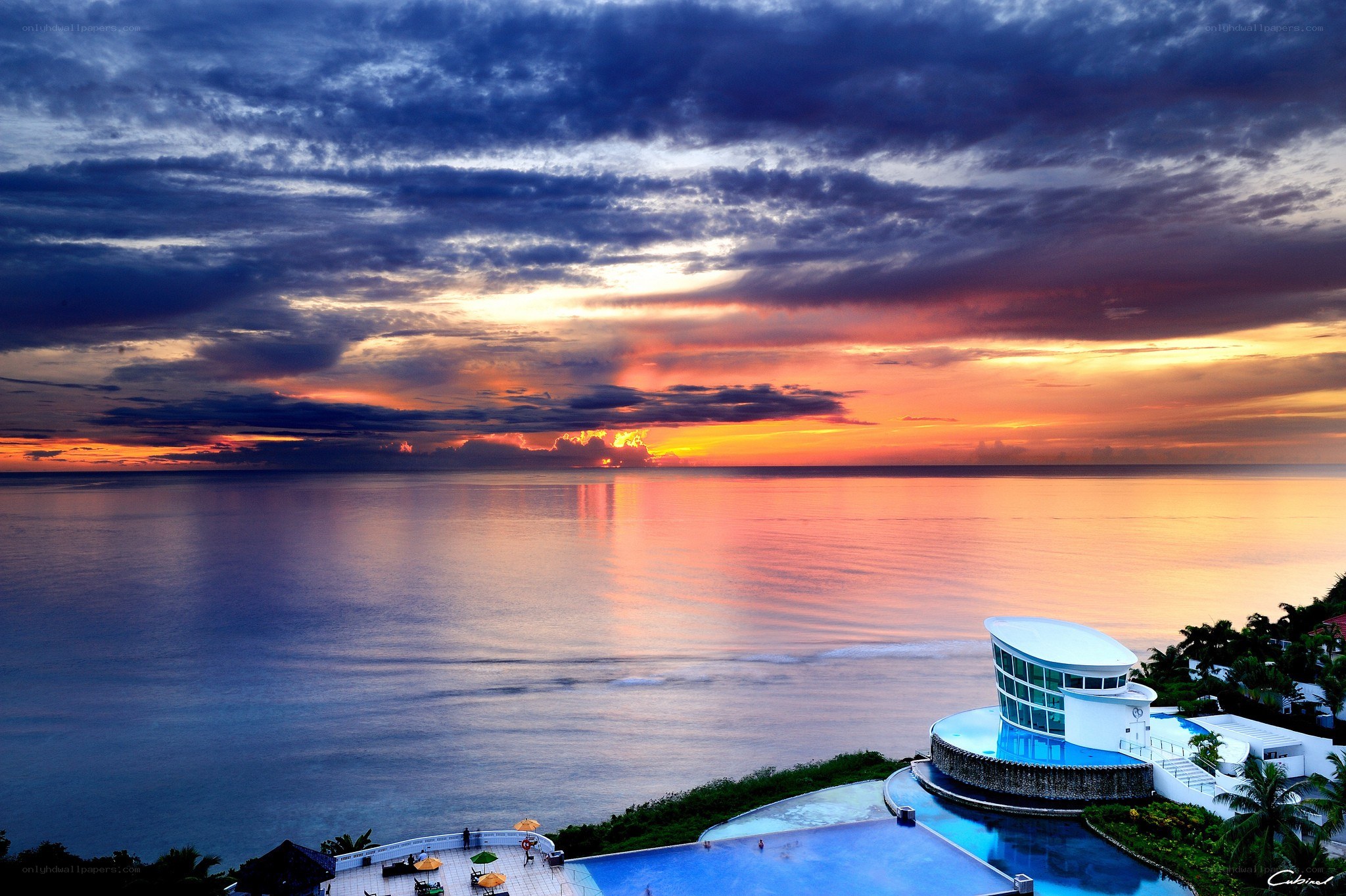 Sunset over coastal resort