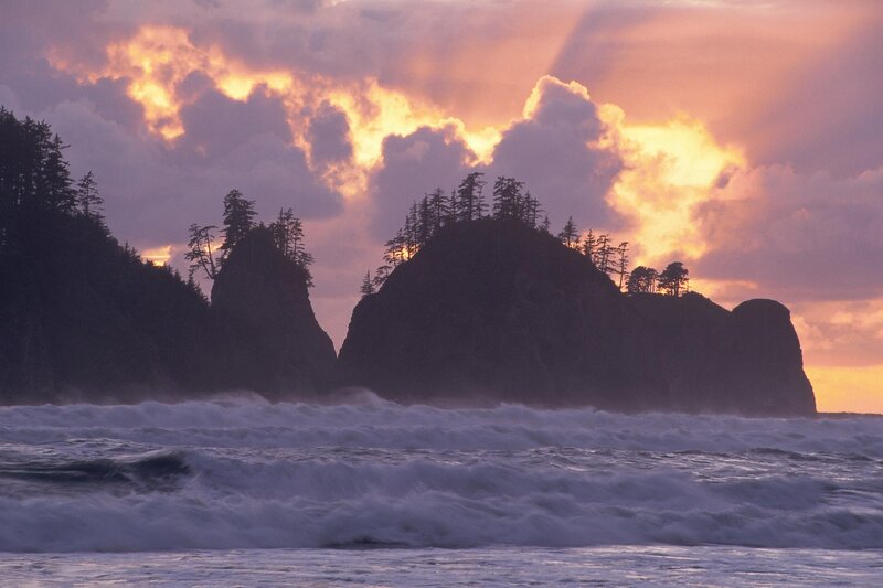 Sunset over coastal rock formations