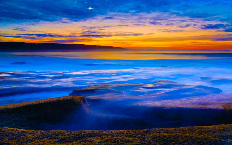 Sunset over coastal rocks