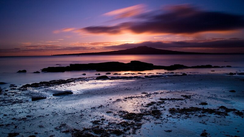 Sunset over Coastal Rocks — Purple, Serene, Photograph