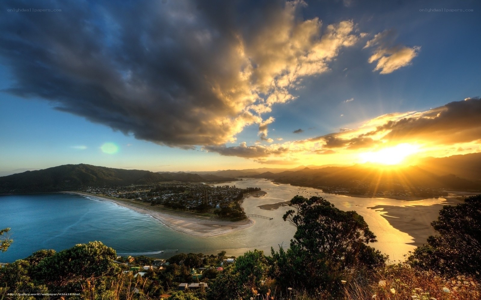 Sunset over coastal town