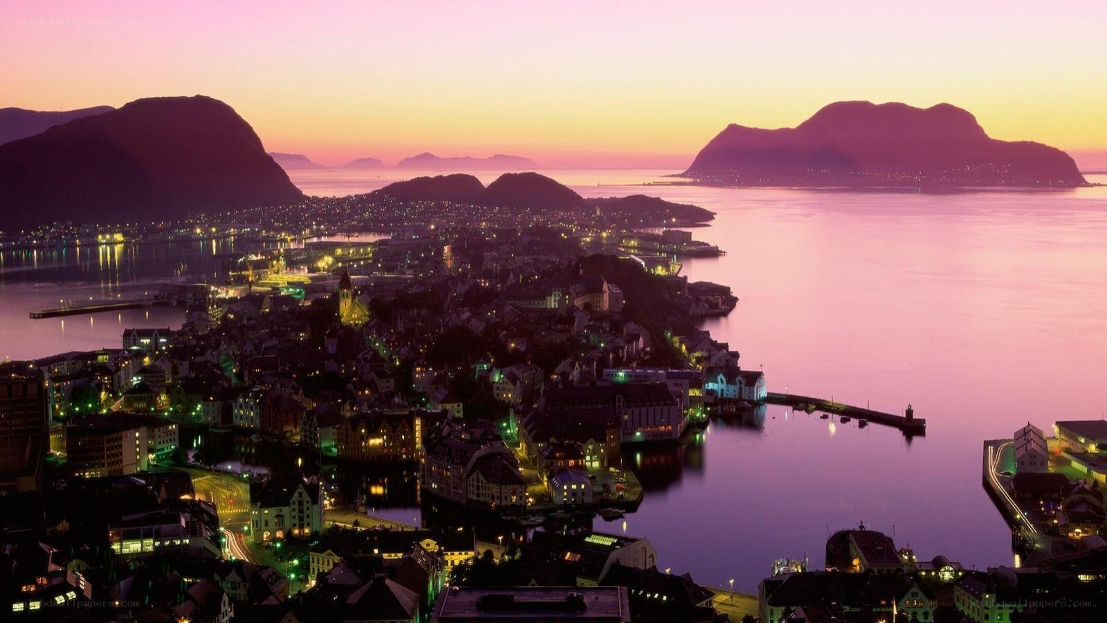 sunset over coastal town