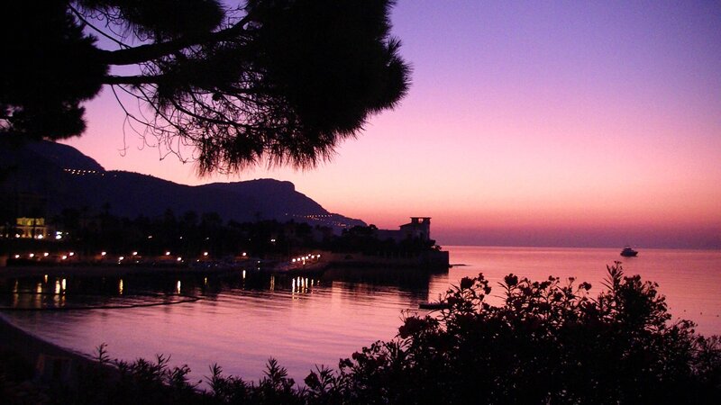 sunset over coastal town