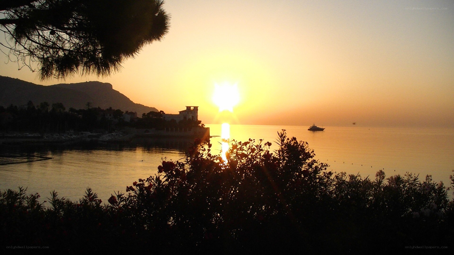 sunset over coastal town
